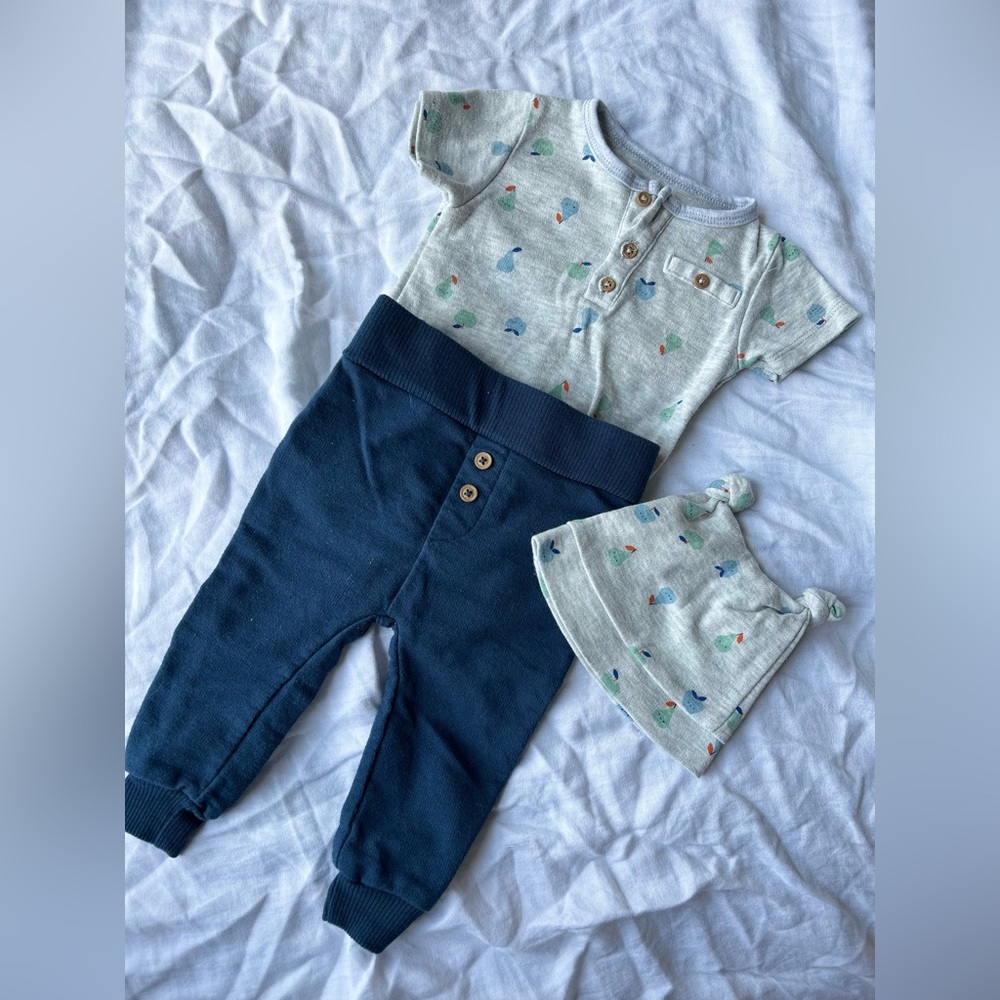 Rene Rofe Baby Boy Blue & Grey Fruit Set with Hat 3-6mo